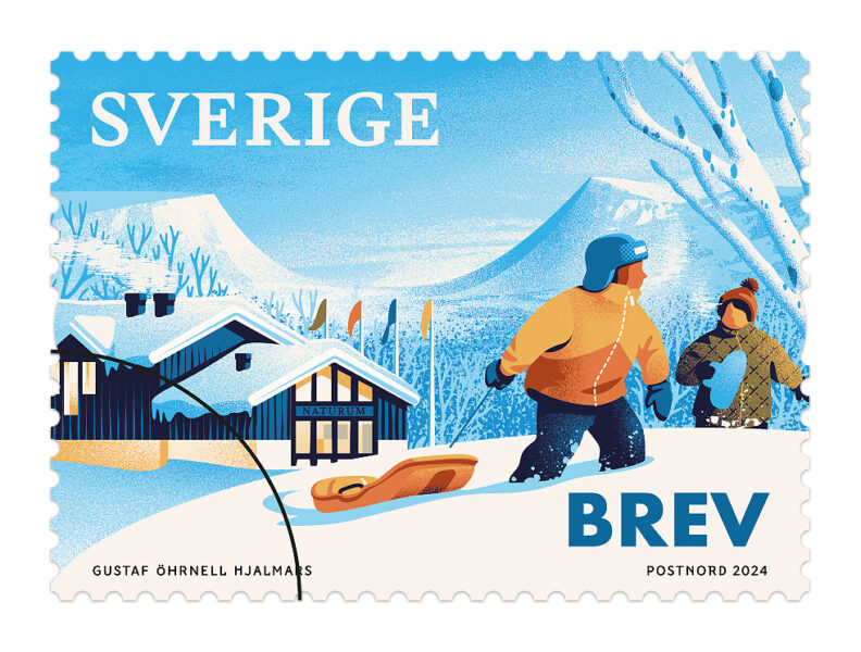Postnord frimärke föreställande naturum Abisko med lekande barn i förgrunden och Lapporten i bakgrunden. 
