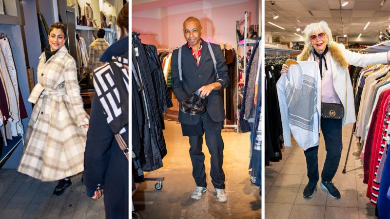 Bildkollage med tre personer som provar second hand-kläder på Hornsgatan.